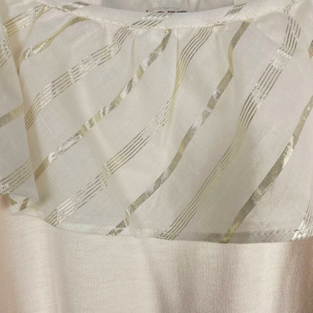LOFT | NWT Cream & Metallic Gold Stripe Ruffle Accent Cold Shoulder Knit Shirt - Picture 7 of 11